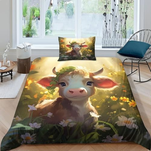 POCHY Niedliche Kuh Bettbezug-Set Bedrucktes Weiches Mikrofaser-Bettwäsche-Set Für Erwachsene Teenager Kinder 2 Stück Mit Reißverschluss Für Heimtextilien Single(135x200cm)