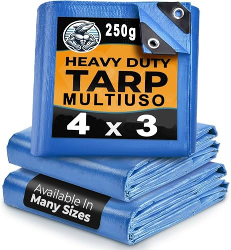 Lona con Ojales, Impermeable, 3 x 4m, 250 g/m², Cubierta con Ojales, protección contra Rayos UV y Lluvia, de PE para Barco, Coche, Piscina, Azul+Negro