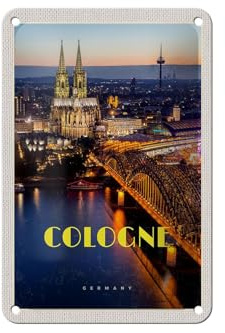 Femer Blechschild Reise 12x18cm Köln Stadt Abend Aussicht Brücke Dom Schild