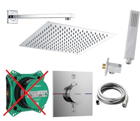 vanvilla Duschsystem mit Unterputz Thermostat Duscharmatur von Hansgrohe Shower Select Comfort E und vanvilla Regendusche mit Armatur, Duschkopf eckig, Dusch-SET HG203-ob poliert