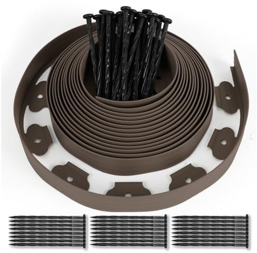 Bordure de Jardin Plastique 10 Mètres avec 50 Piquets, d'ancrage Bordurette de Pelouse Flexible Bordure de Gazon Idée de Jardin Hauteur 50mm Paisseur 4mm, Marron