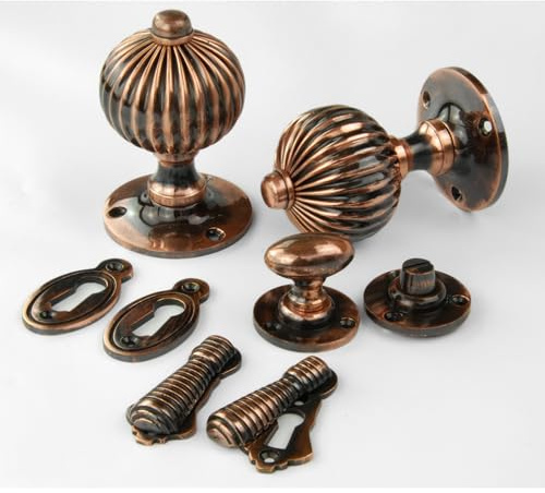 UNDERGROUND PARTS Jones & Grey Vintage Regency Style Solid Brass Reeded Round Door Knobs Handles - Antique Copper (Bathroom Handles with Thumb Turn)