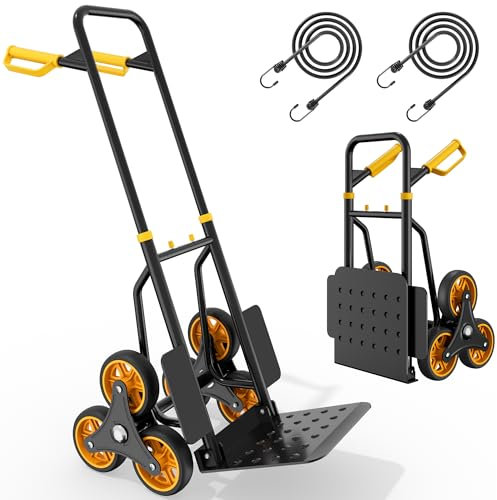 YITAHOME Foldable Stair Climbing Trolley with 6X φ15.2cm Big Industrial Wheels, Heavy Duty Height Adjustable Steel Hand Truck with High Grip Silent Wheels, 150kg Capacity Incl. 2X Elastic Rope