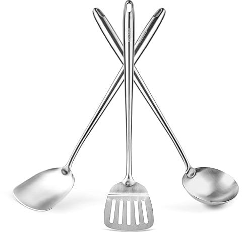 Yosukata 43 cm Wok Spatula and Ladle and Turner Spatula - Stainless Steel Cooking Utensils Set of 3 - Kitchen Utensils Set - Dishwasher Safe Wok Accessories - Cooking Tools