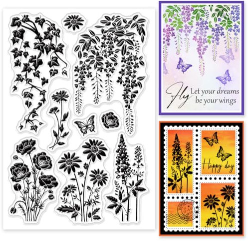 GLOBLELAND Klare Stempel Mit Pflanzen Und Blumensilhouette Ranken Gänseblümchen Schmetterling Silikon Stempelsiegel Transparente Stempel Für DIY Scrapbooking Karten Erstellen von Fotoalben
