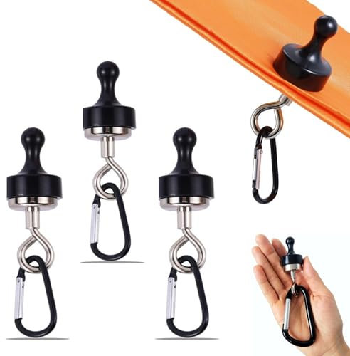 Extra Stark Magnethaken, 4 Stück Plastik Rund Magnet Haken,Draussen Magnethalterung,Hängend Camping Magnethaken Mit D-förmiger Haken aus Aluminiumlegierung für Camping Garage Küche Büro Grill-Schwarz
