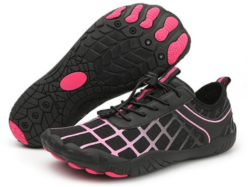 AONEGOLD Water Shoes for Men and Women - Barefoot Quick Dry Aqua Swim Yoga Lightweight Breathable Snorkeling Surfing Beach Fitness (Black Pink, Size 7.5)
