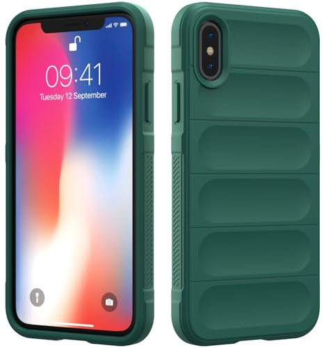 RIIMUHIR Coque en Silicone Compatible avec iPhone X, Étui Protection Antichoc, Housse avec Protege de Camera, Doublure Douce en Tissu Microfibre Protection Complète (Vert Foncé)