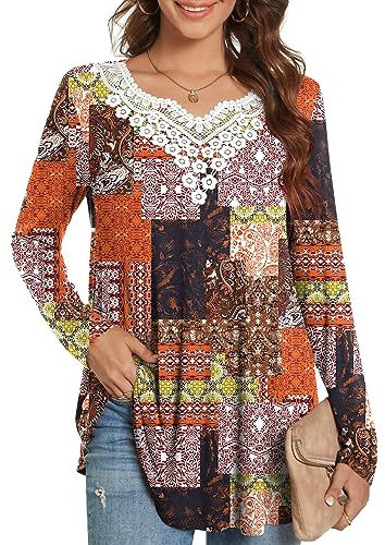 Anydeer Women Tops Long Sleeve T-Shirts Casual Fall Lace Tunics Flowing Loose Fit Blouses, M, Flower Multiple Orange