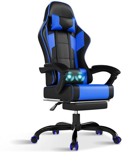 TRIUMPHKEY Sedia da Gaming Massaggiante,Sedia Gamer con Poggiapiedi Telescopico,Regolabile 90-150°,Poltrona da Gaming con Poggiatesta e Cuscino Lombare, Ufficio,Portata 150kg(Blu)