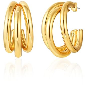 Mesovor Gold Creolen Ohrringe für Damen, 18K Vergoldete Klobige Dreifach-Krallen-Creolen Ohrringe, Gold Earrings, Trendiger Schmuck Geschenke (Groß)