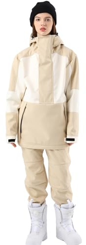 SEARIPE Skijacke und Hose für Damen, Set für Paare, winddicht, wasserdicht, zweiteilig, Schneeanzüge für Wintersport, Khaki+weiß, Small