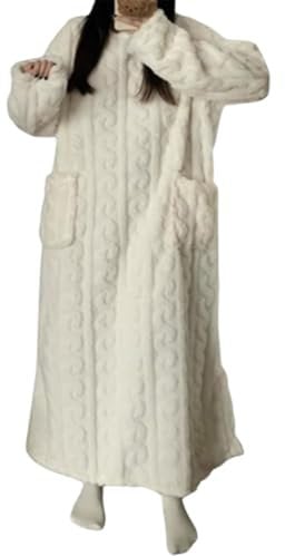 QKCQQTS Vestiti per la casa in Velluto Corallo Invernale, Camicia da Notte in Velluto Corallo da Donna, Vestaglia da Notte per la casa Invernale Autunnale (L(140cm),White)