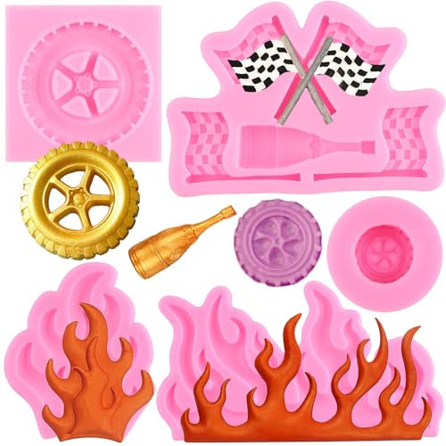 RFGHAC Flame Fondant Moulds Car Tire Fondant Moulds Hot Fire Silicone Moulds Round Tire Mould Truck Wheel Shape Mould For Cake Decorating Cupcake Topper Candy Polymer Clay Chocolate Gum Paste Set Of 5