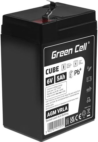Green Cell AGM VRLA Batterie au plomb 6 V 5 Ah avec batterie non tissée IP54 Batterie de rechange, résistante aux cycles et sans entretien, pour jouet électrique, UPS UPS Caisse (6 V 5 Ah)