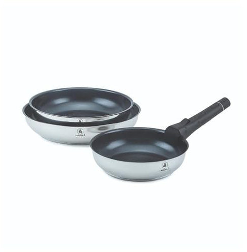 LAGUIOLE, Ensemble de 3 poêles amovibles en inox, revêtement céramique antiadhésif, compatible induction, facile à ranger et à nettoyer, 20/24/28 cm, couleur argentée