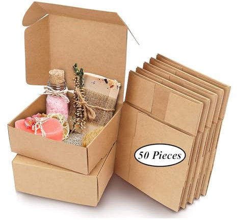 50 Stück Geschenkboxen aus Kraftpapier (Brown), Geschenkbox, 9,5 x 9,5 x 3,5 cm, Geschenk Karton Box, Geschenk Box Gift Box Geschenkkarton Set für Geschenke, Hochzeit, Party, Weihnachten (Mittel)