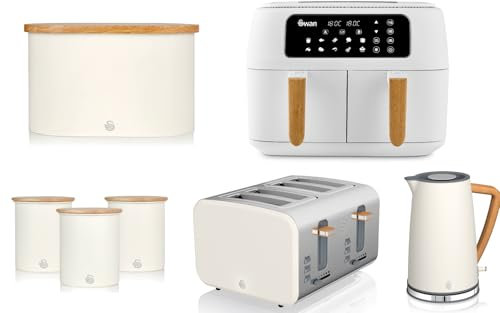 Swan Nordic White 1.7L Kettle, 4 Slice Toaster, 8L Dual Basket Air Fryer, Bread Bin & Canisters Set. Scandinavian Minimalist Kitchen Design Matching Set in White with Wood Effect Accents