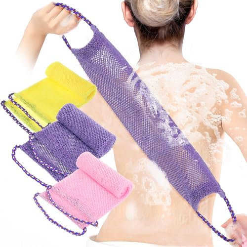3 Pcs African Exfoliating Net Sponges, Exfoliating Back Scrubber for Shower Long African Exfoliating Net Washcloth Body Shower Loofahs Cloth Body Back Scrubber for Women Men (Purple+Pink+Yellow)