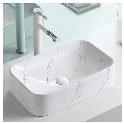 MYUYEE Lavabo à Poser Vasque rectangulaire à Poser lavabo de Salle de Bain en céramique Blanche Effet marbre lavabo de Salle de Bain sans Robinet,Une Couleur, Une Taille