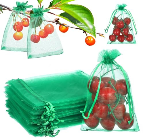 Ouligay 50pcs Fruit Protection Bags, 5.91x3.94in Green Fruit Bags for Trees & Vegetables, Mesh Produce with Drawstring for Pest Barrier