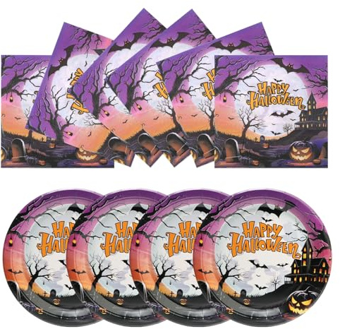 PARTY GO 50 Pezzi Piatti e Tovaglioli Halloween Kit Halloween Party, Stoviglie Carta Decorazioni Tavola per 25 Ospiti Castello Viola Feste di Compleanno da Brivido Decorazioni per Bambini