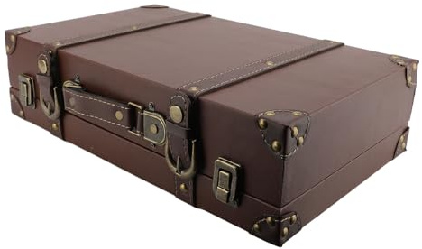 Fockety Vintage Koffer, 40 cm großer europäischer Lederkoffer mit Schloss, Holztruhe, tragbarer dekorativer Koffer, Schatztruhe, Piraten Andenkenbox für Geschenke, Truhe für Deko und