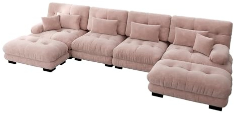 Bladez Luxuriöses Modulares L-förmiges Ecksofa – Übergroßes Cloud Sofa für Wohnzimmer, Tiefensitz Schlafsofa mit Ottoman – Cord & Chenille Sofa in Rosa, Modernes Wohnlandschaft (Pink1)
