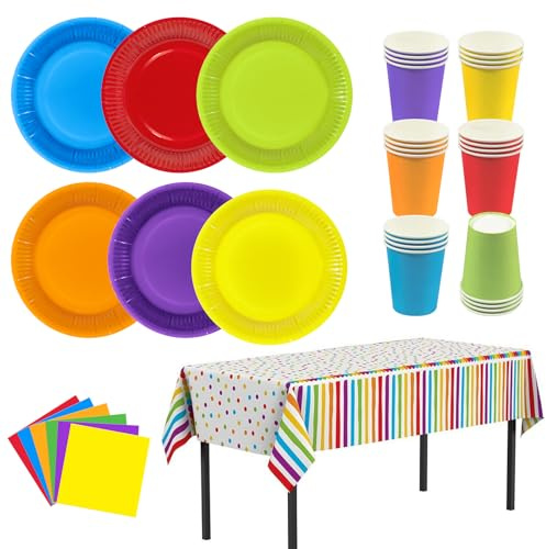 Dhnvcud 181 Pack Colorful Rainbow Party Tableware Set, Multicolor Dinner Paper Plates Cups Napkins Tablecloth, Disposable Party Supplies for DIY Holiday Wedding Birthday