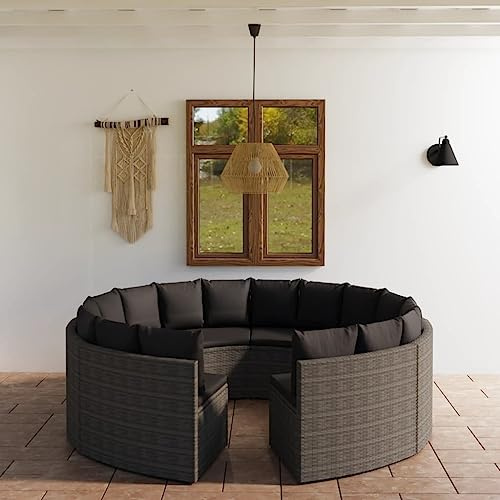 QJBSAVVA Salon de jardin 8 pièces en polyrotin gris 88 x 66 x 67 cm forme éventail avec coussins robustes et légers pour balcon, terrasse et jardin