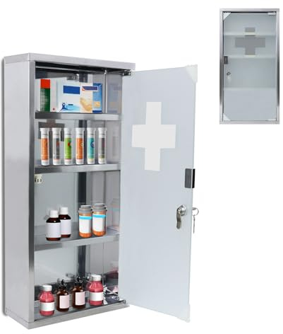 ACXIN 30x12x57,5 cm Medizinschrank aus Edelstahl, Medikamentenschrank mit 4 Fächern, Apothekerschrank hängend, Arzneischrank abschließbar, Hausapotheke, Medikamenten Aufbewahrung, Silber
