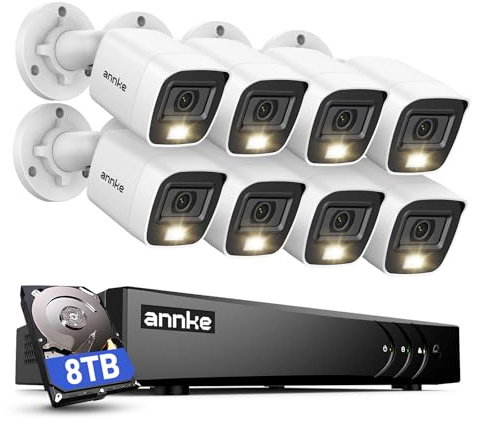 ANNKE 8 Channel 3K Lite CCTV Security System with H.265+ DVR, 8×2MP Bullet Cameras, Color Night Vision, Human & Vehicle Detection, Remote Viewing, IP67 Weatherproof for Indoor/Outdoor, 8TB Hard Drive