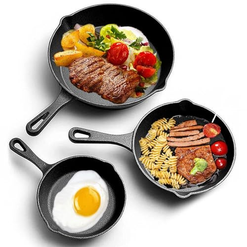 EVERGOODS 3Pcs Cast Iron Skillet Set – Pre-Seasoned Heavy Duty Frying Pan Set with Pouring Lips, Griddle Skillet for Searing, Grilling, Frying, and Baking – 6, 8, 10 Non-Stick Black Pans