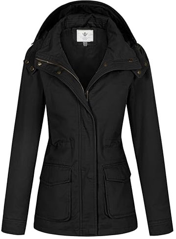 WenVen Giacca Militare Slim Fit in Cotone Giubbotto Casual con Zip Antivento Cappotto Leggera Autunnale Giacchetta Carga Classica Donna Nero L