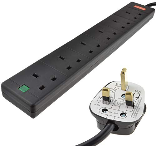 kenable Surge Protected 6 Gang Way Mains Extension Socket UK 13A Black 5m [5 metres]