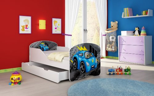 ACMA I Lit Enfant Bébé TIROIR Matelas sommier Gratuite Meubles pour Enfants (05 Voiturette bleue, 180 x 80 cm + tiroir)