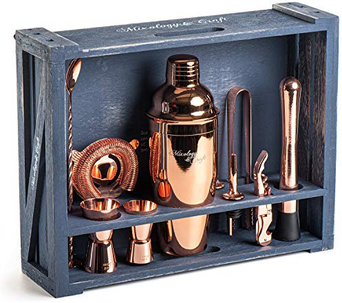 Mixology & Craft Cocktail Shaker Set - 11-Piece Cocktail Making Set w/Shaker & Rustic Wooden Stand - Bartender Kit and Cocktail Mixer Gift Set Copper