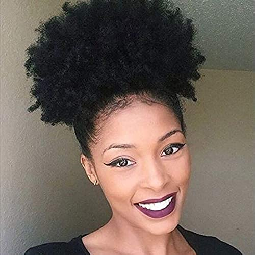 Xtrend Natural Black Afro Pferdeschwanz Kordelzug Kurz Afro Kinky Curly Pferdeschwanz Lockiges Haar Kanekalon Fiber Puff Pferdeschwanz Wrap Hochsteckfrisur Haarverlängerungen mit 2 Clips 1B