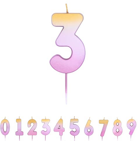 Pioneer Party Candle, Age Three Cake Candle, 3rd Third Birthday Candles, 15853, Rose Gold Ombre