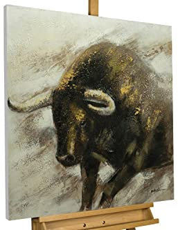 KunstLoft Leinwandbild | 100% HANDGEMALT | 80x80cm | Gemälde 'Ein starker Wille' | Stier | Weiß Braun | Wandbild Wohnzimmer