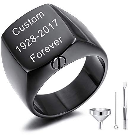 MeMeDIY Personalisierte Urne Ring Siegelring für Frauen Männer Haustier Gravur Name/Text Gedenktaschenhalter aus Edelstahl Souvenir mit Trichterbausatz Ringgrößeneinsteller (Schwarz Größe 67)