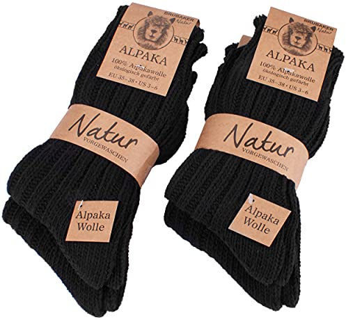 BRUBAKER 4 Paar Alpaka Socken mit Alpakawolle - Wintersocken Set für Damen und Herren - Schwarz - Größe 47-50