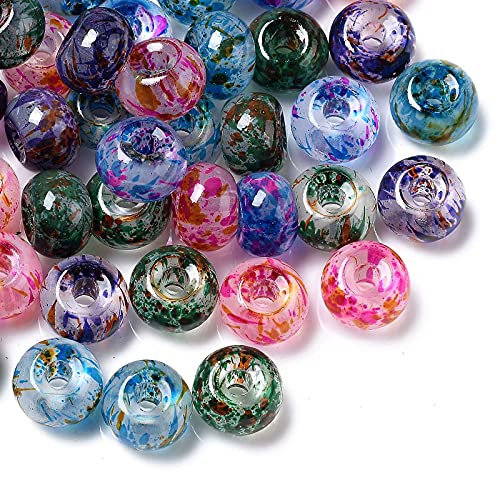 PandaHall Lot de 100 perles européennes en verre à grand trou 12 ~ 13 x 9 mm Peintes au pistolet pour bracelets à breloques européens en maille serpent