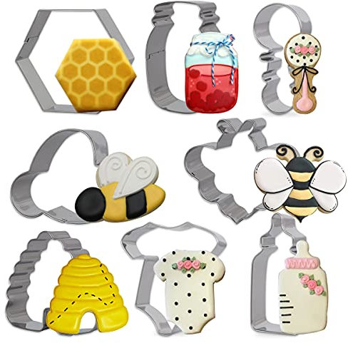 Lot de 8 emporte-pièces en acier inoxydable sur le thème des abeilles, pour biscuits, sandwichs, gâteaux