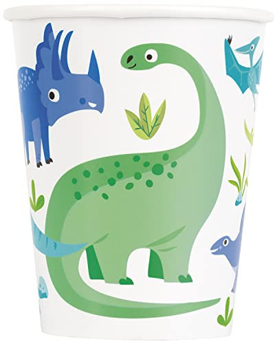 Unique- Gobelets en Carton Fête des Dinosaures Bleus et Verts-Paquet de 8, 82215, Multicolour, 9cm x 7.5cm / 3.5 in x 3 in