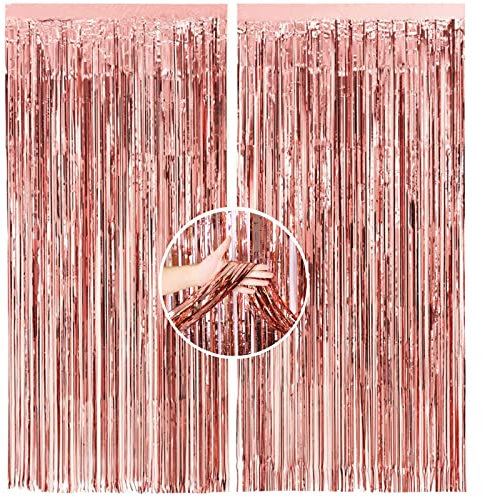 2Pc 1m*2m Rose Gold Metallic Tinsel Curtains Party Backdrop Curtain Shimmer Curtain,Foil Fringe Curtain Decorations Backdrop Hanging Streamer for Halloween Xmas Birthday Wedding Engagement Prom