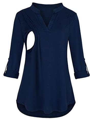 Chaconka Femmes Enceintes Chemise de Maternité Allaitement à Manches Longues Col Rond Haut Chemisier Carreaux Solide Pull Tunique T-Shirt Grossesse Grande Taille Atuomne Hiver, Bleu Marine, S