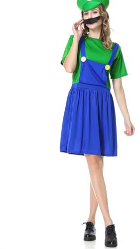 VISVIC Cosplay Kostüm Super Brothers Klempner, Kostüm mit Bodysuit, Cap und Schnurrbart, Karneval Halloween Cosplay Kostüm für Herren Damen Junge Mädchen Kinder, Damen Grün, M