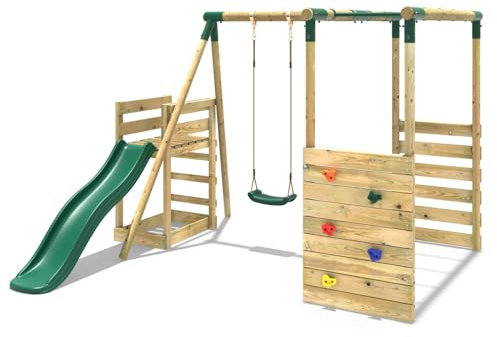 Rebo Wooden Swing Set with Monkey Bars plus Deck & 6ft Slide - Solar Green