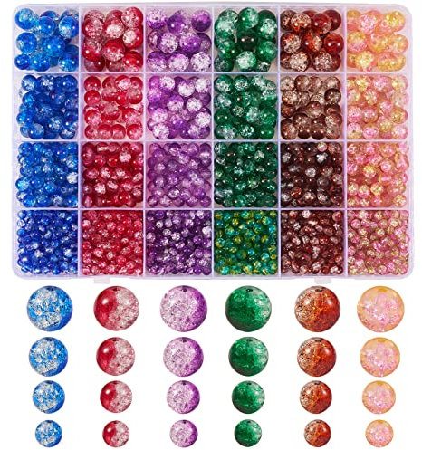 WEWAYSMILE 1500 piezas 24 Estilo Cuentas redondas de cristal craquelado, Cristal de Murano Redondas, con Caja de Almacenamiento, para Collar Pulsera Fabricación de Joyas Manualidades, 4~8mm